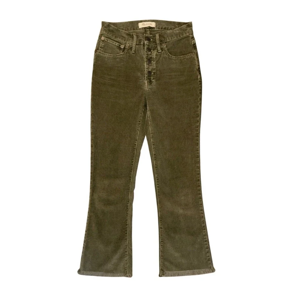 Madewell Cali Demi-Boot Button Fly Raw Hem Capers Green Corduroy Pants Size 24